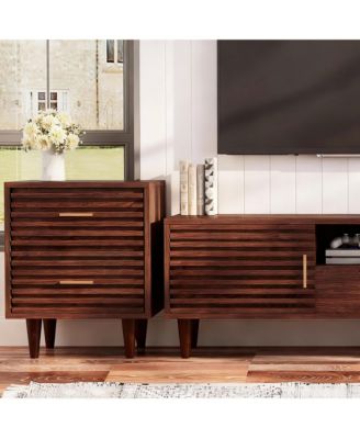 Mid Century Modern Nightstand with 2 Drawers, Charging Ports, and Storage