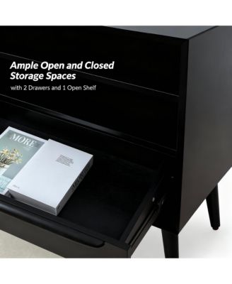 Mid-Century Modern 2-Drawer & Open Shelf End Table with Charging