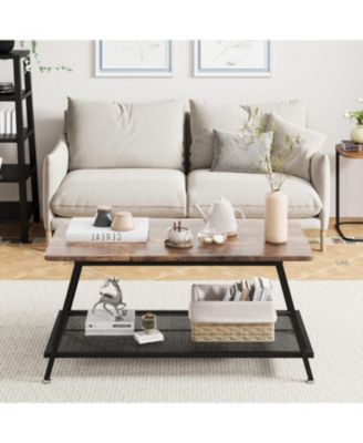 Coffee Table Farmhouse Center Table 2-Tier Industrial Living Room with Mesh Shelf Rectangle Wood Cocktail Table Metal Frame, Easy to Assemble