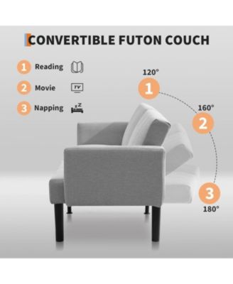 75.5” Convertible Futon Sofa Bed, Linen Flannel Small Couch Sofa with Wood Legs & 700lbs Capacity, Adjustable Folding Loveseat