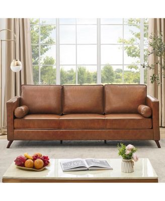 81" Faux Leather Sofa, Mid Century Modern Deep Seat Couch, Upholstered Cushion&Removable Cover, Brown PU Couch, 3 Seat Sofa for Living Room