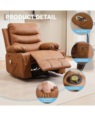 Recliner Chair with Massage and Heat, 360° Swivel Oversized Single Sofa Seat, Adult Rocking Recliner with Cup Holder and Storage Pockets