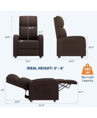 linen fabric manual recliner chair with side pocket, high backrest, thick cushion and adjustable push back lounge design