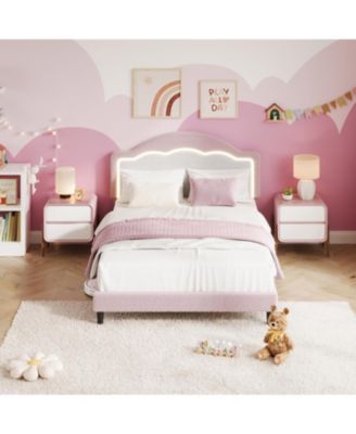 Bed Frame with Adjustable Headboard, Sherpa Fleece Upholstered Platform Bed Frame with LED Lights, 750 LB Capacity, Wooden Slats Support