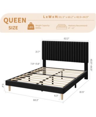 Queen Size Velvet Platform Bed Frame with Vertical Channel Tufted Adjustable Headboard, Sturdy Wooden Slats, No Box Spring Needed