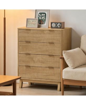 Nightstand, 4 Drawer Double Dresser, Wave-Fluted Fronts, Gold Finger Pulls, Bedside Table