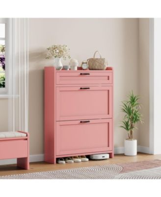 Shoe Cabinet with 2 Flip Drawers & 1 Top Drawer, Wooden Shoe Organizer Cabinet