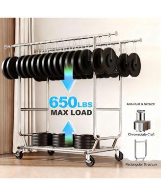 Heavy Duty Collapsible Clothes Rack with Wheels, 650Lbs Capacity, Double Rod, 75"W x 22"D x 68"H