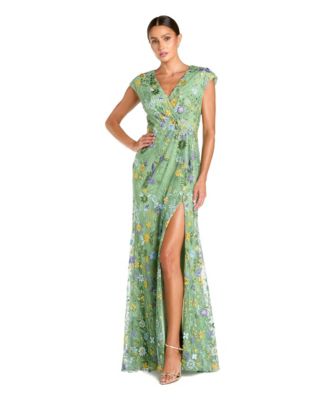 Women's Faux Wrap Embroidered Cap Sleeve Gown