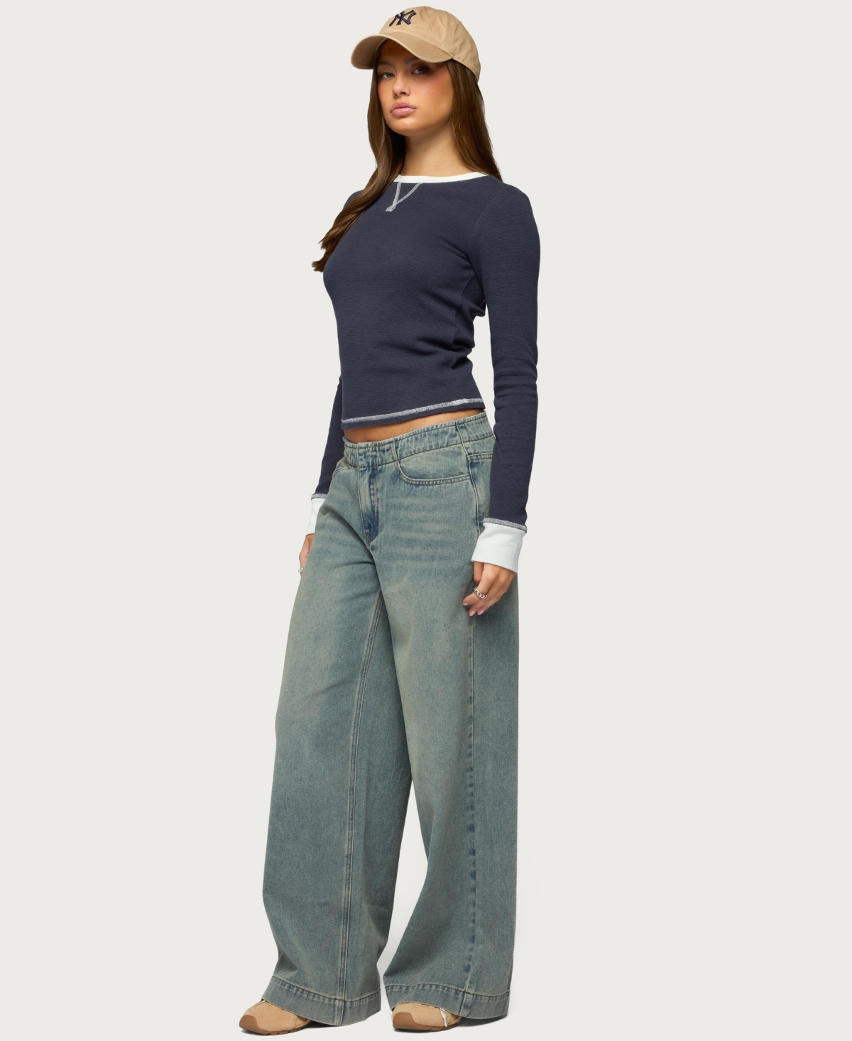 Edikted Women's Rora Contrast Long Sleeve Waffle Top