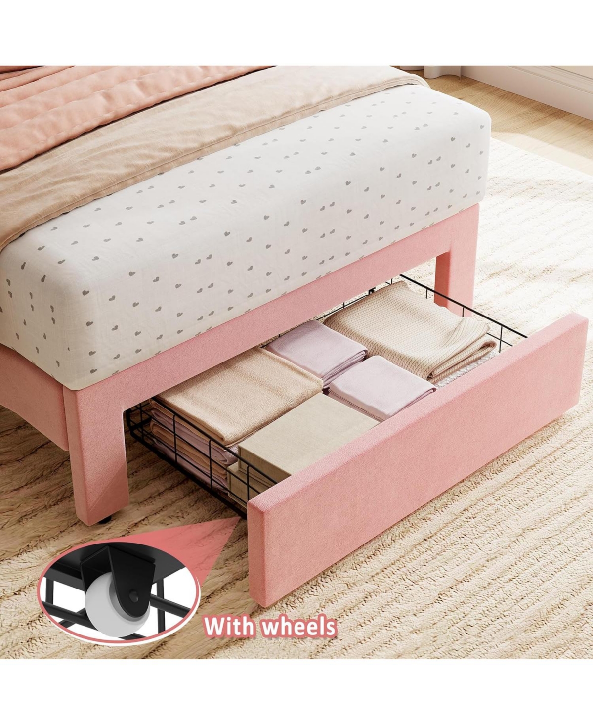 gaomon 2 Sets Twin Bed Frame with Under-Bed Drawer, Upholstered Platform Bed with Wave Headboard for Kids/Girls, Wooden Slats Support