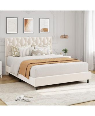 Full Bed Frame with Upholstered Headboard, Heavy-Duty Platform Bed Frame with Strong Wood Slats, No Box Spring Needed/Noise Free/Easy Assembly