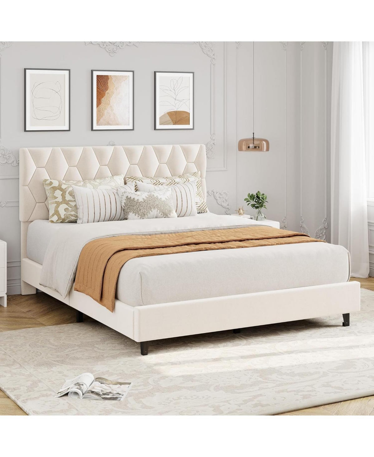 gaomon Full Bed Frame with Upholstered Headboard, Heavy-Duty Platform Bed Frame with Strong Wood Slats, No Box Spring Needed/Noise Free/Easy Assembly