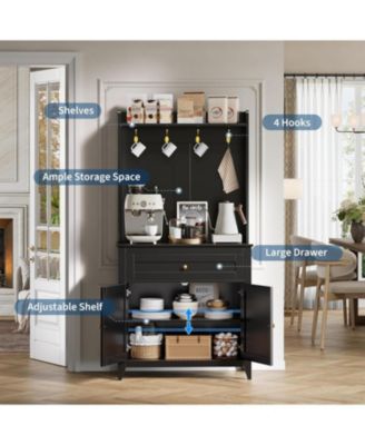 63" Pantry Cabinet, Kitchen Storage with Charging Station, Coffee Bar Table with Drawer, Hooks & Adjustable Shelves for Living Room