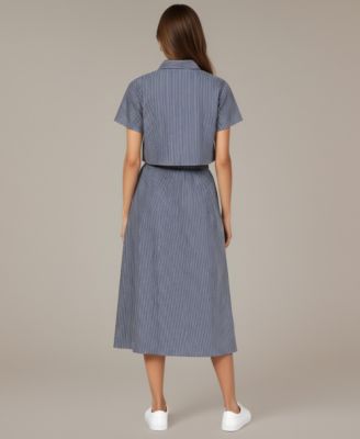 Women's Striped Cropped Button-Up Shirt and Midi Skirt Set