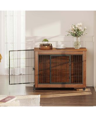 38.6" Dog Crate Furniture with Wheels, 2-Door Heavy Duty Indoor Kennel & End Table for Small Dogs