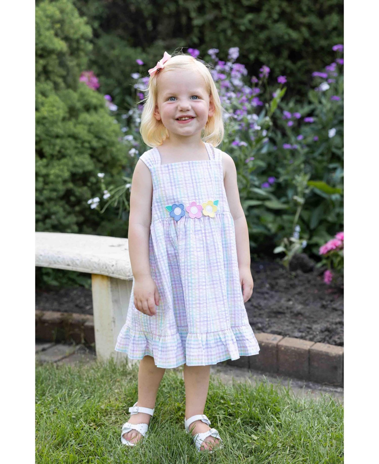 Little Girls Plaid Seersucker Dress With Flowers
