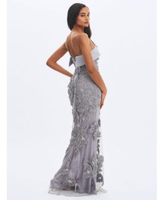 Women's Raphaela Silver Beaded Floral Strapless Mermaid Maxi Dress