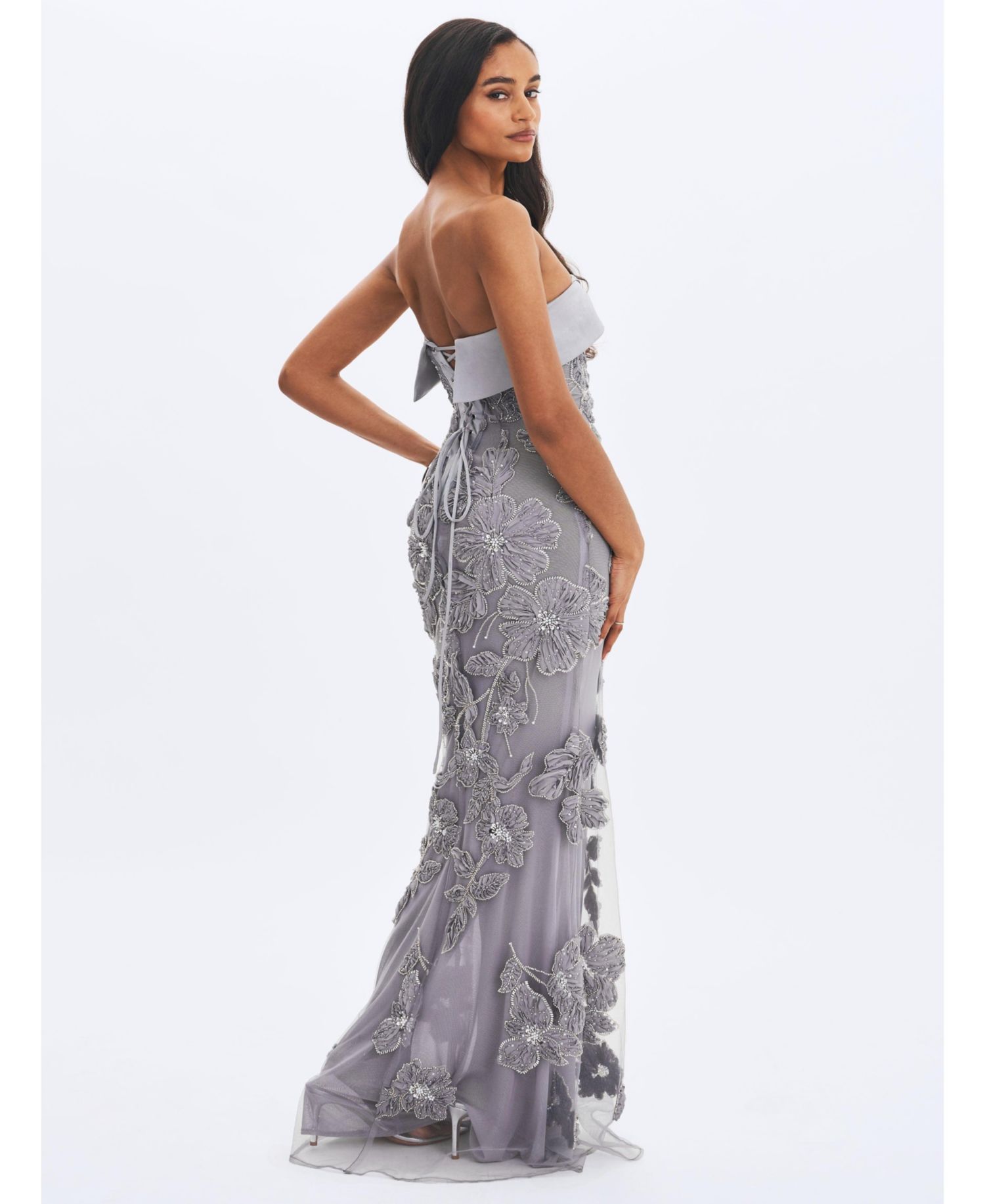 Women's Raphaela Silver Beaded Floral Strapless Mermaid Maxi Dress