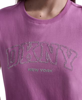 Women's Rhinestone Varsity Logo Relaxed Fit Pull-On T-Shirt