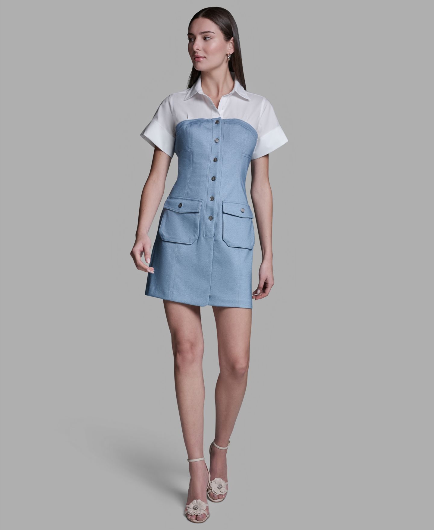 Женское платье BCBG Collared Neck Short-Sleeve Mini, цвет: Шамбре синий / Белый — фото 2