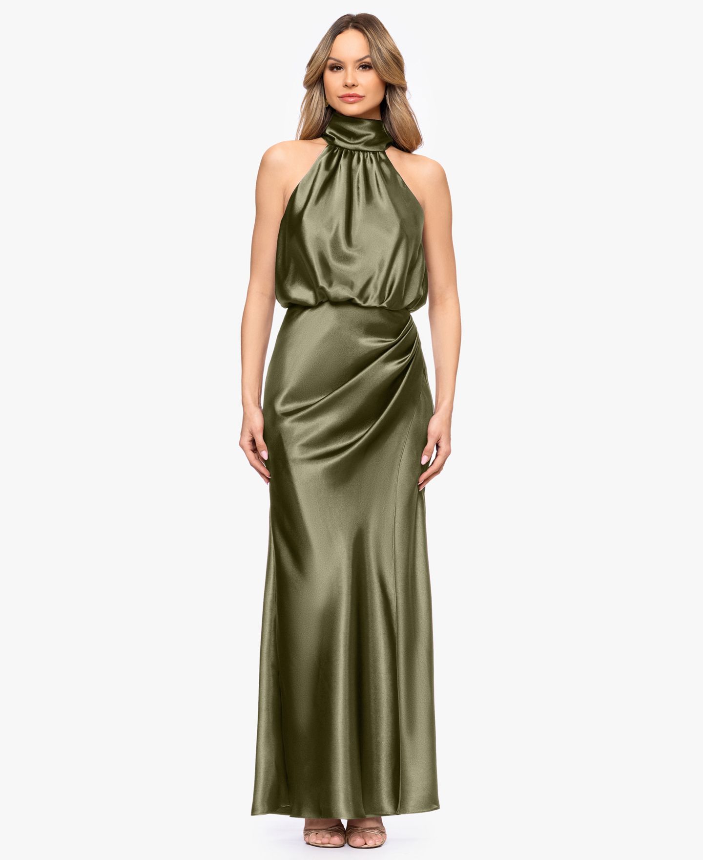 Женские платья Betsy & Adam Sleeveless Mock Neck Ball Gown, цвет: Оливковый — фото 1