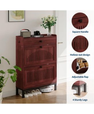 Shoe Storage Cabinet with 2 Flip Drawers & Top Drawer, Modern Shoe Organizer with Black Square Handles for Hallway