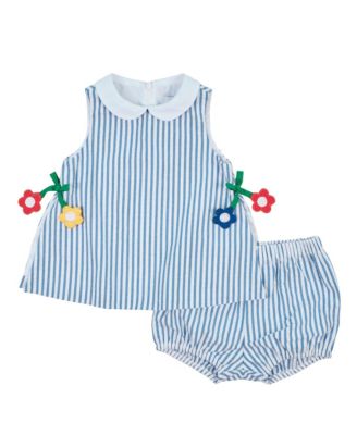 Baby Girl Seersucker Dress & Bloomer With Flowers
