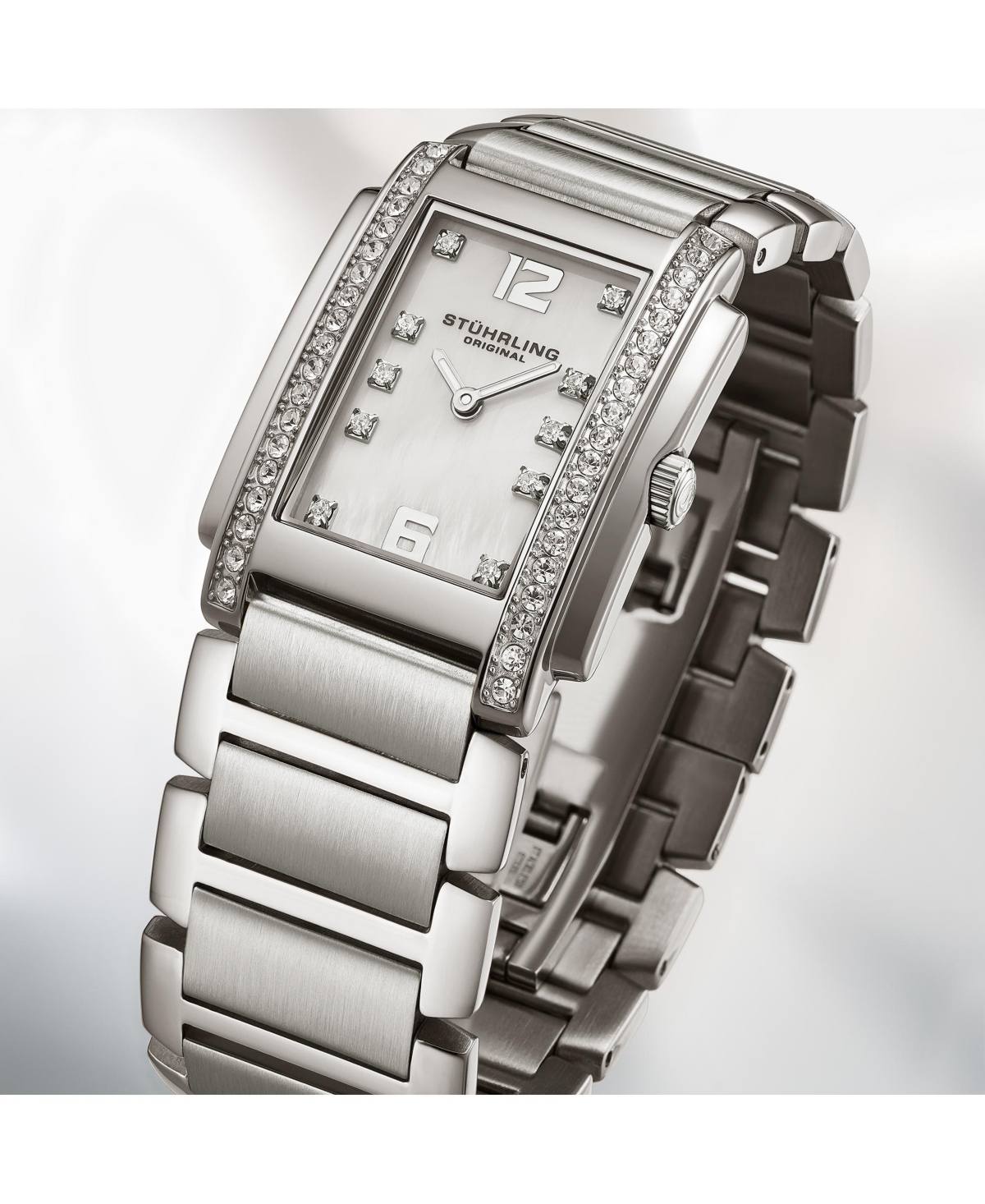 Stuhrling Serafine 4089.1 Women's Rectangular Quartz Watch with Mop Dial And Crystal Bezel