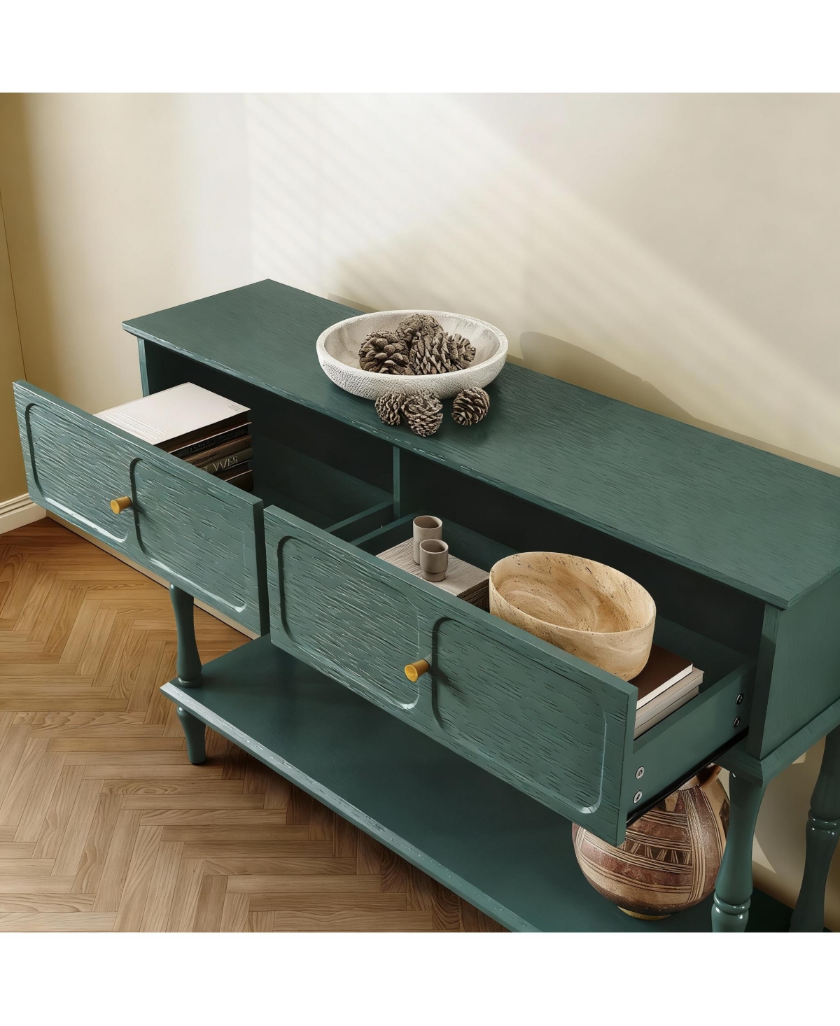 Yigii Mid-Century Green Console Table, 2 Drawers, Open Shelf, Vintage Design