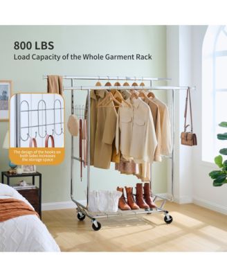 Double Clothing Garment Rack, Double Rod Rolling Clothing Rack, Portable Collapsible Hanging Rack with Shelves, Capacity 800lbs for Bedroom