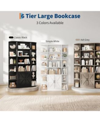 Bookshelf with Doors,6 Tier Bookcase with Storage Cabinet, Modern Farmhouse Freestanding Wood Display Shelves with Book Storage Cabinet