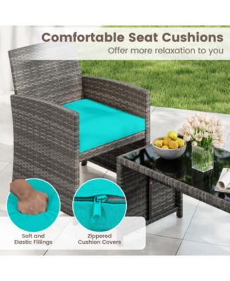 Set of 4 Patio Conversation Set w/Seat Cushions & Tempered Glass Tabletop Porch Turquoise