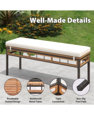 48'' Wicker Patio Bench w/Acacia Wood Seat Removable Padded Cushion for Garden Outdoor
