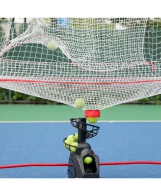 training machine net combo offers continuous tennis/baseball practice with auto ball recycling; AC or battery powered