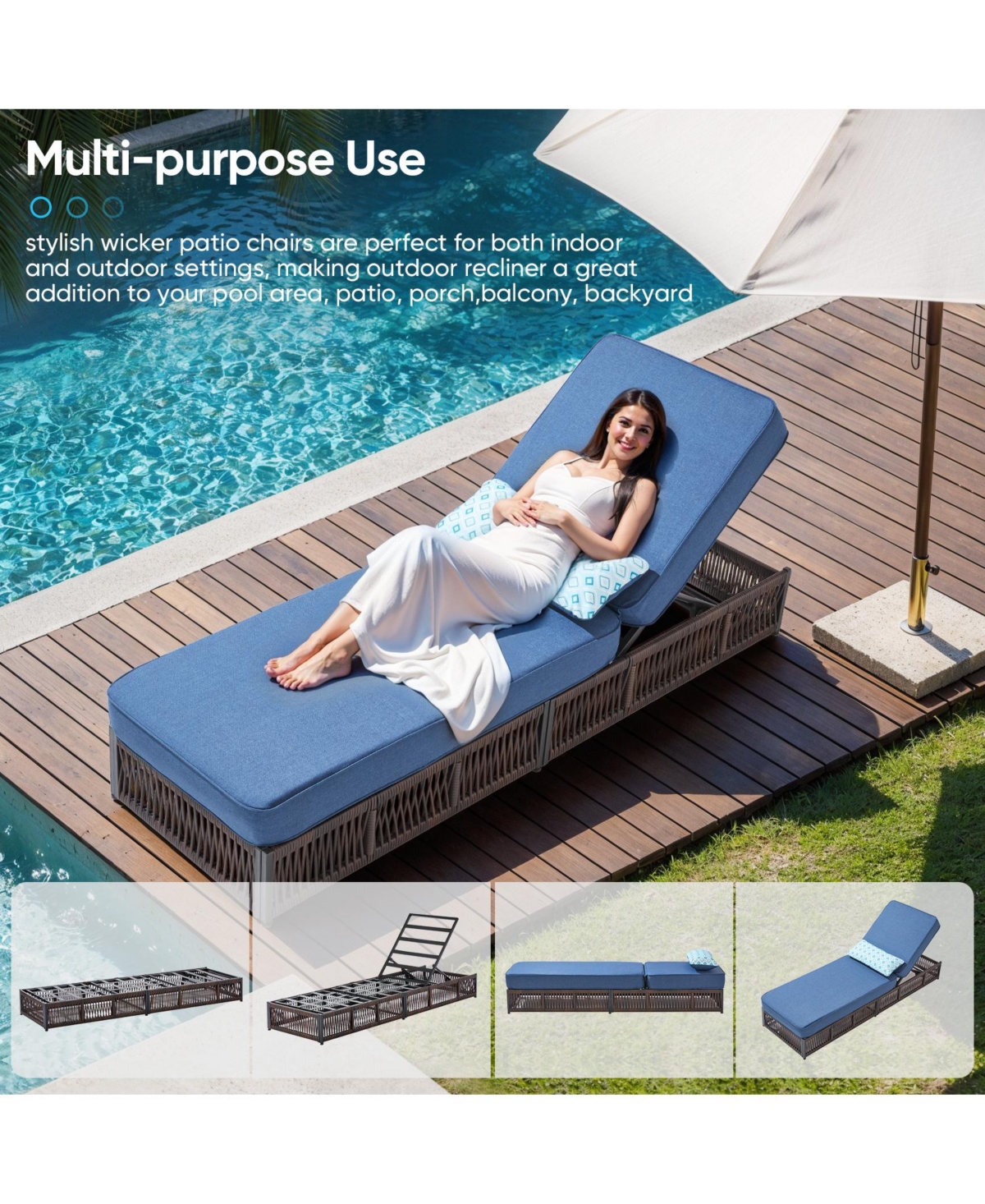 Gymojoy 4-Piece Wicker Outdoor Chaise Lounge with 5 In. Thick Olefin Cushions Patio Chair for Balcony