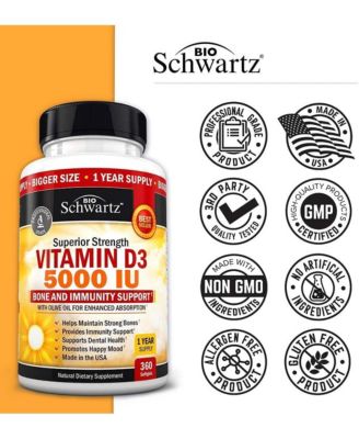 Vitamin D3 5000 IU (125 mcg) Natural Immune Support Supplement, Bone Strength, Healthy Muscle Function, 360 Softgels