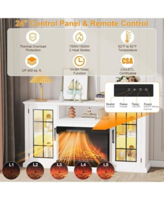 75" Fireplace TV Stand, Modern Entertainment Center with 24" 3-Sided Glass Electric Fireplace, 12 Flame Colors, Remote Control