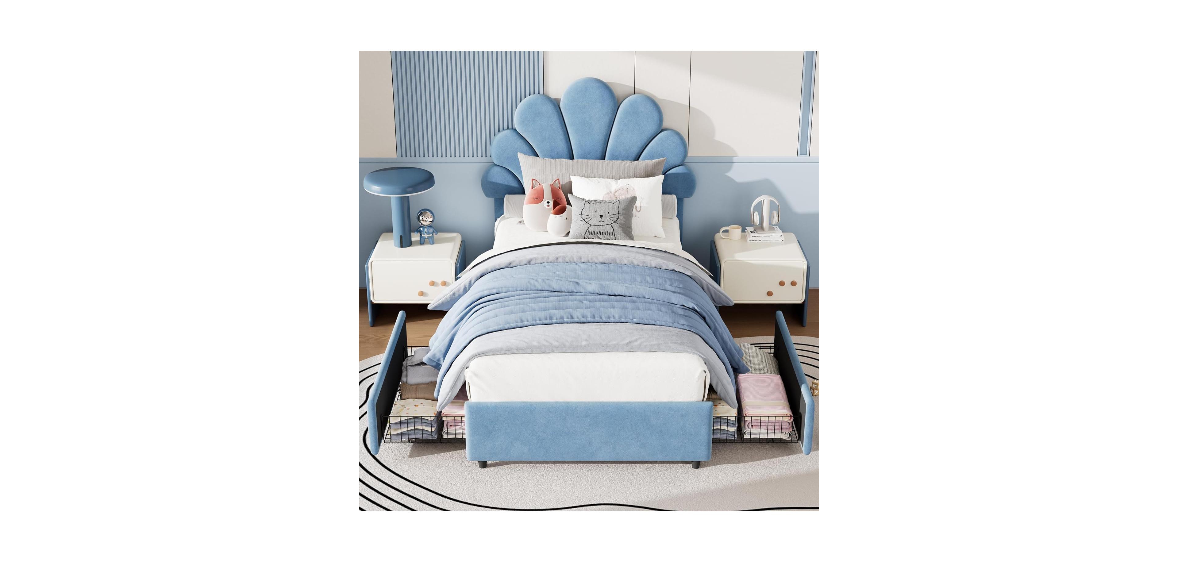 gaomon Twin Bed Frame for Kids with 2 Storage Drawers, Cute Velvet Princess Platform Upholstered Headboard Girls, Boys, Solid Wood