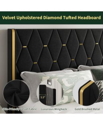 Queen Lift-Up Storage Bed Frame, Velvet Upholstered Wingback Headboard, Hydraulic Lift