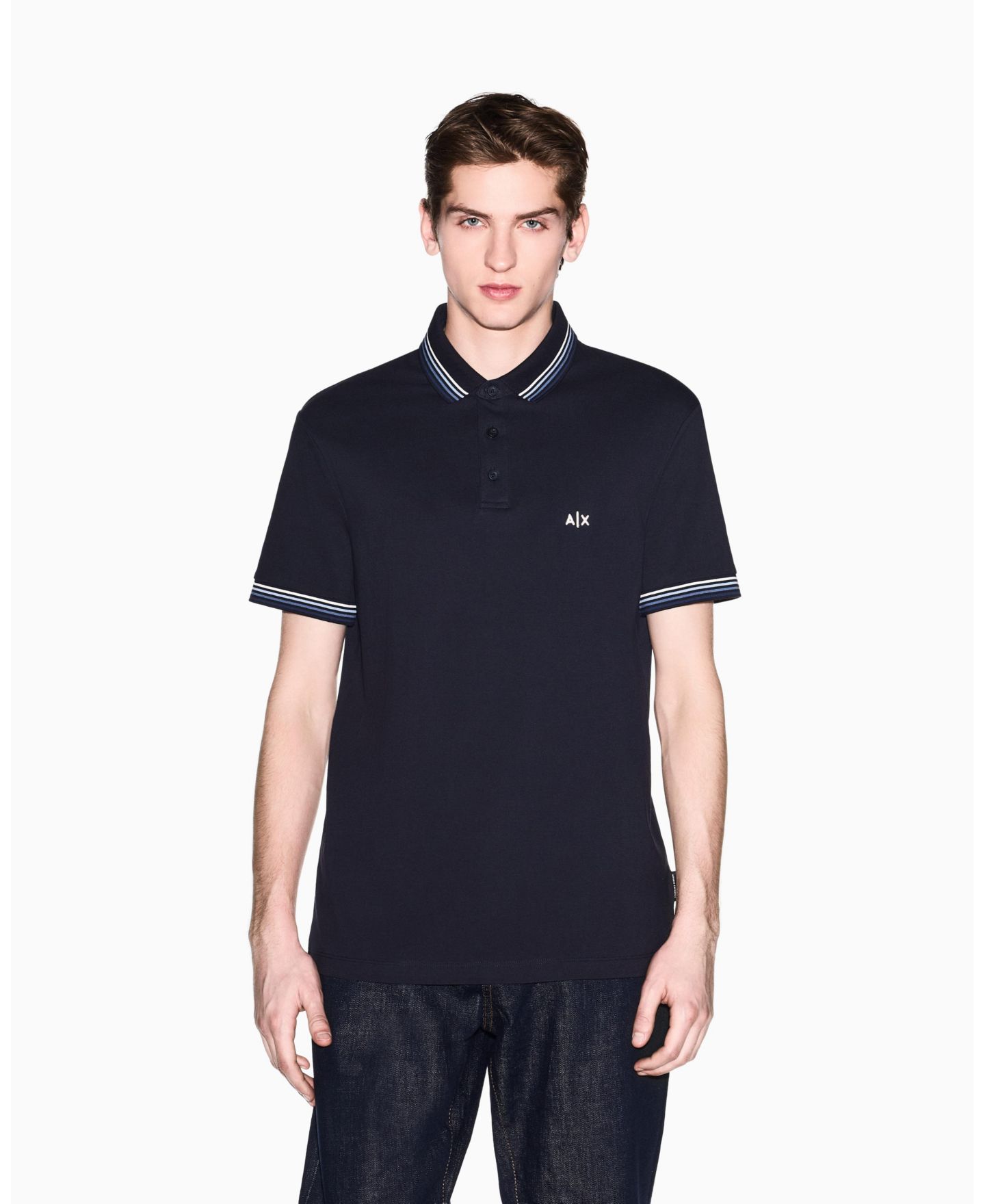 Мужское поло A|X Armani Exchange Short Sleeve Pique Tipping Polo Shirt, цвет: Глубокий тёмно-синий — фото 1