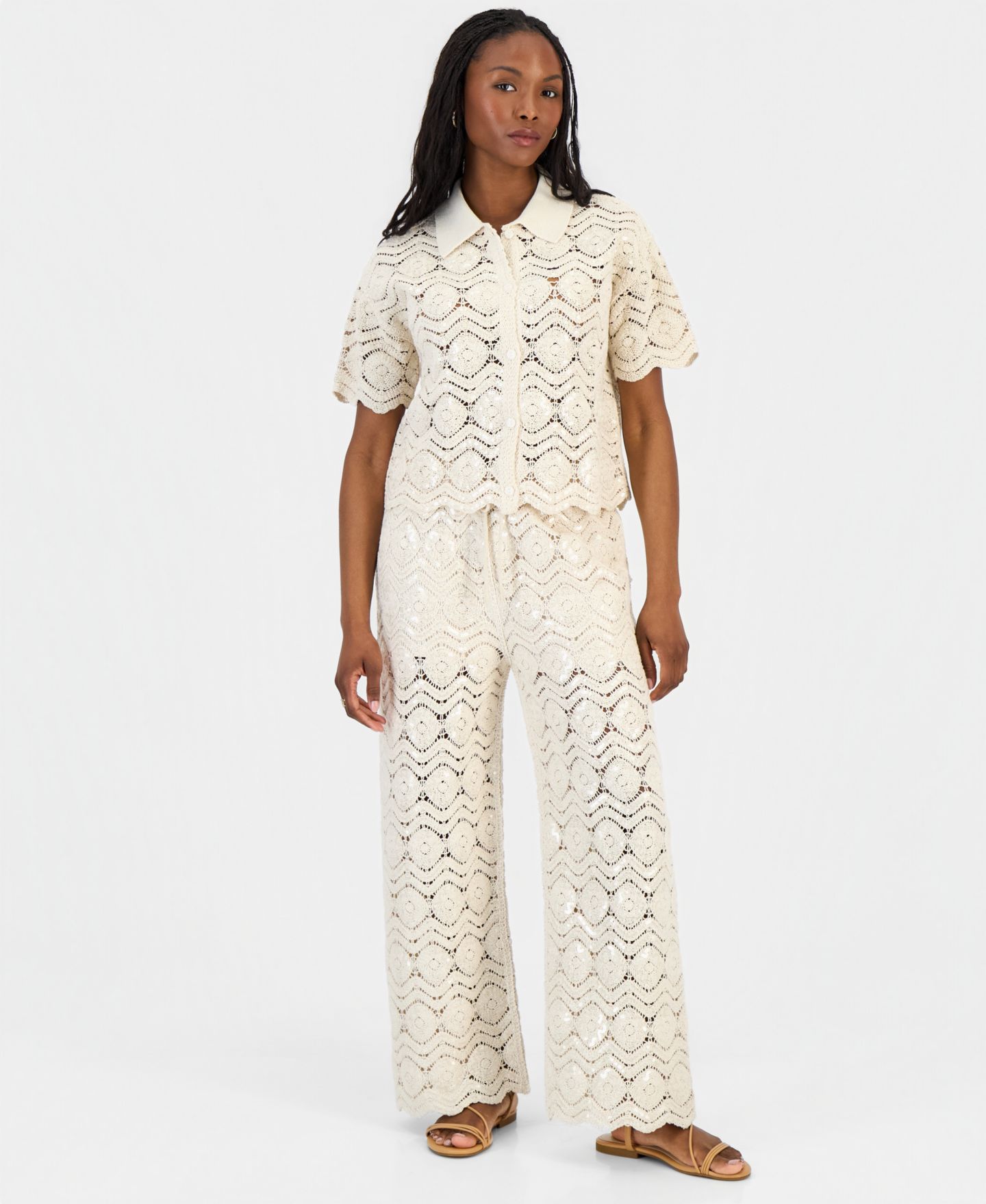 Женские брюки And Now This Petite Sequin Crochet Wide-Leg, цвет: Льняной — фото 5