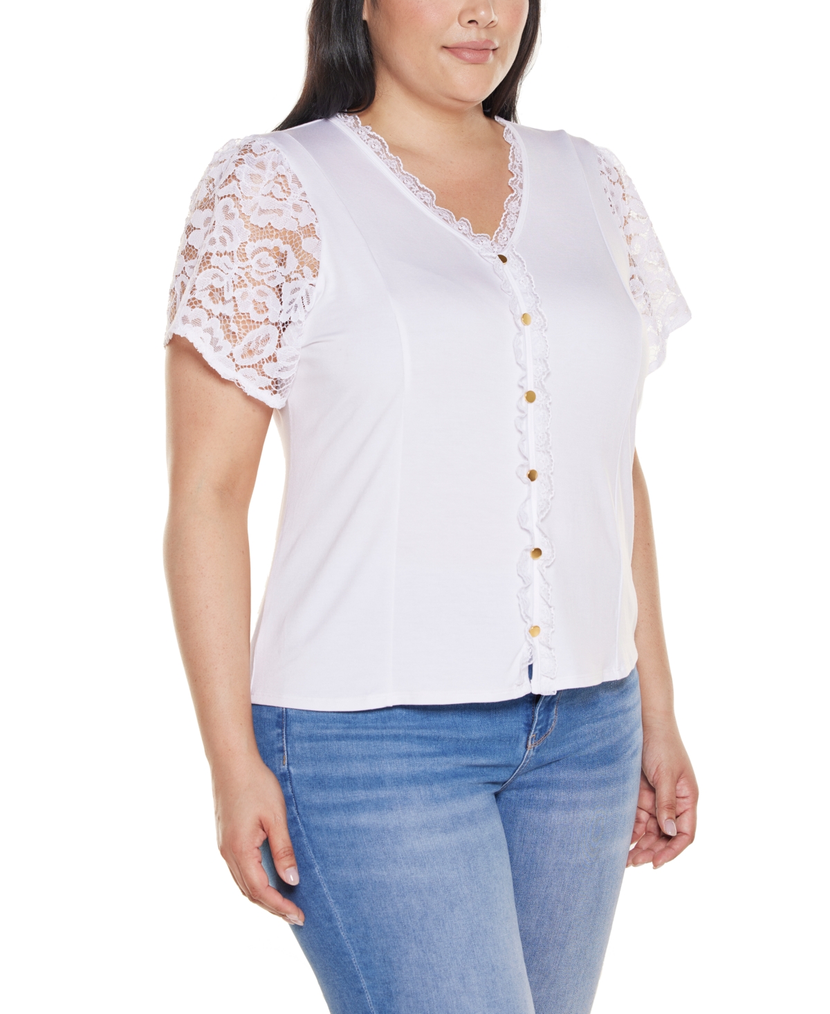 Belldini Plus Crochet Lace Sleeve V-Neck Top