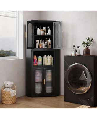 64" Tall Metal Corner Cabinet with Glass Doors for Kitchen, Bathroom, or Bedroom