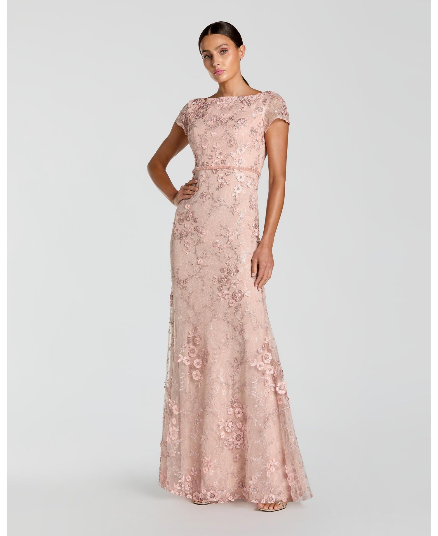 Women's Floral Applique Boat Neck Cap Sleeve Gown