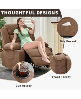 Recliner Chair, Comfy Overstuffed Chair with 3 Reclining Positions, 2 Side Pockets, 2 Front Pockets, Cup Holder
