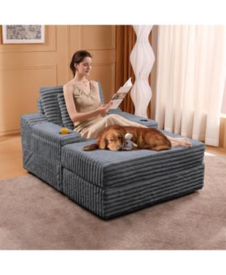 Grey Oversized Chaise Lounge Chair Indoor with Storage Ottoman, Upholstered Corduroy Sofa Bed Cloud Couch with 3 Pillows