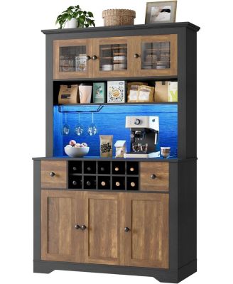 68.7 " Pantry Cabinet with LED Light and Charging Station, Kitchen Pantry Storage Cabinet with Countertop