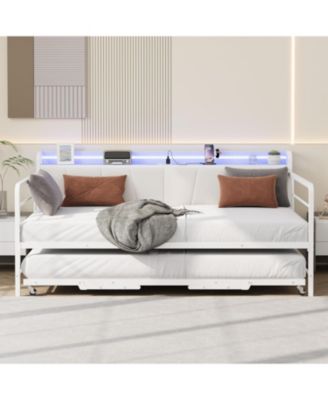 Twin Daybed with Trundle & LED Light, Metal Frame, Linen Headboard, USB Charging for Guest Room
