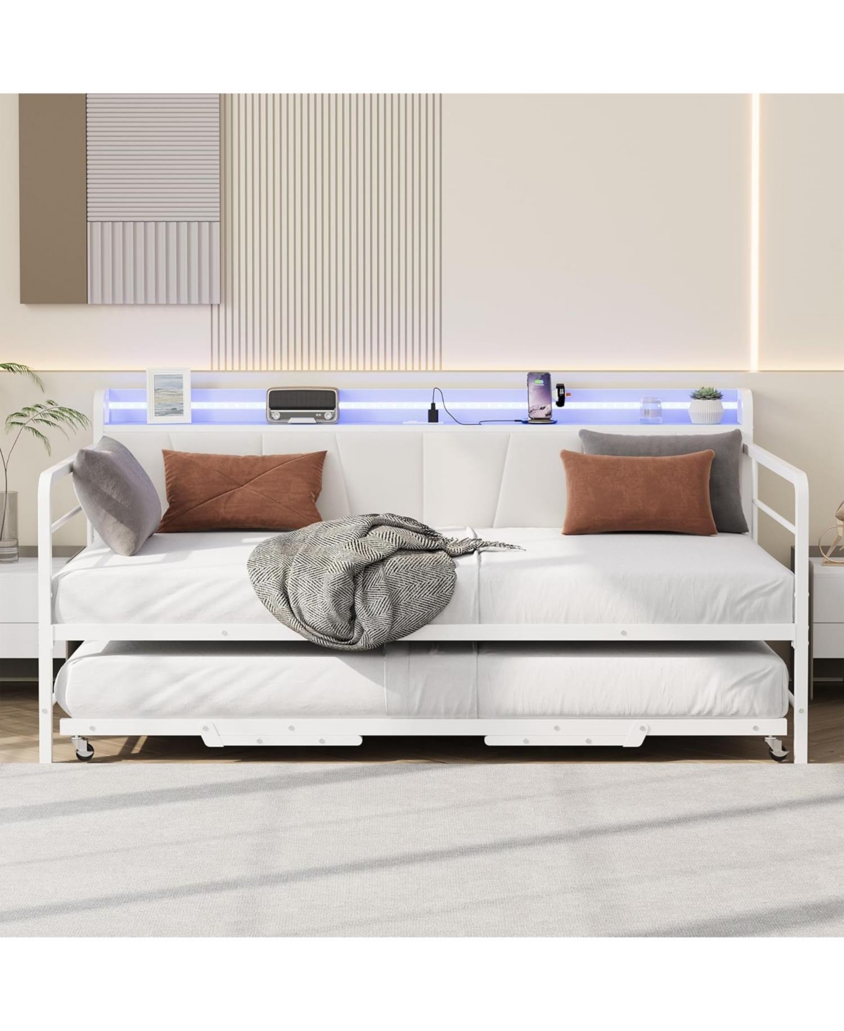 gaomon Twin Daybed with Trundle & Led Light, Metal Frame, Linen Headboard, Usb Charging for Guest Room